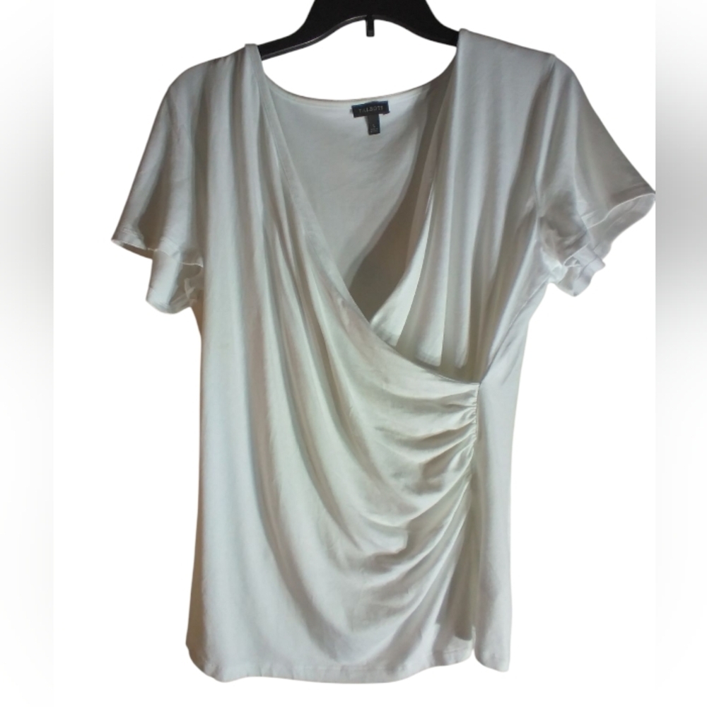 Talbots White Womens Faux Wrap Top Size L Office Siren Party Vacation Beachy